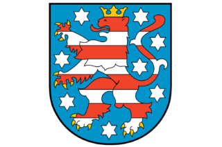 Thüringer Landeswappen. Stehender Löwe mit Krone ist nach links gewendet.